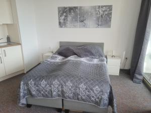 石勒苏益格Ferienwohnung NABOO的卧室配有带灰色棉被的床