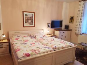 包岑宝岑苏德公寓的一间卧室配有一张带花卉床罩的床和电视。