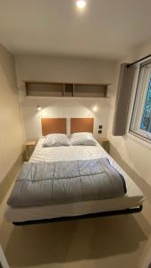 里夫杜海滩Camping 3 étoiles Les Fougères的一间卧室设有一张大床和大窗户