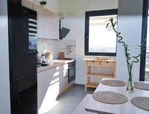 斯科普里Sunlight Apartment的厨房配有黑色冰箱和桌子