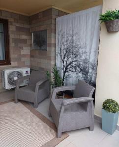 艾格扎洛克Gyógyvölgy apartman的庭院配有两把椅子和空调