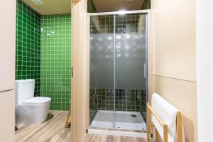 Casal de LoivosDorigem Rooms的浴室设有淋浴、卫生间和绿色瓷砖。