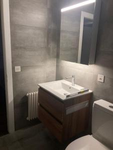 克莱恩 蒙塔纳Résidence Plambramois的一间带水槽、卫生间和镜子的浴室