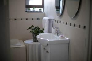 马塞卢Three Stones Executive Apartments的白色的浴室设有水槽和镜子