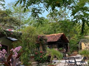普拉亚弗拉明戈Casas del Toro Playa Flamingo的花园,花园内有带椅子和鲜花的建筑