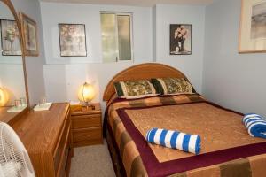阿伯茨福德Modern Bed & Breakfast In Abbotsford - Choose your Room Upstairs - S-1 - S-2 - S-3的一间卧室配有一张床和一个带灯的梳妆台