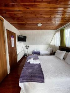 比亚里卡Hostal Katemu的一间卧室设有一张带木制天花板的大床