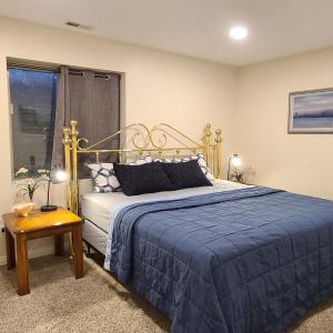 盐湖城Entire Cozy Basement! Private Entrance! - Fast Wifi!的一间卧室配有一张带蓝色毯子的床