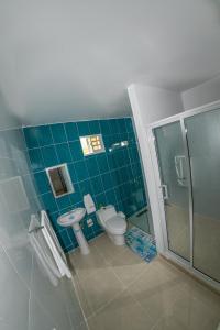 佩德纳莱斯D' Yoko Village's的一间带卫生间和玻璃淋浴间的浴室