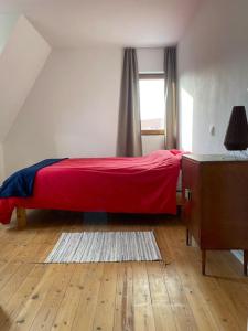 科克赛德Zeehuis的一间卧室设有红色的床和窗户。
