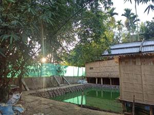 焦尔哈德Assam Villa - by Storyweavers Retreat的一座建筑旁的绿色水池