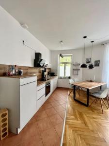 莱比锡FirstClass 2R_Apartment in Leipzig的一间带桌子的厨房和一间餐厅