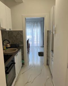 奥库格哥恩基apartment Julija的白色的厨房设有水槽和淋浴