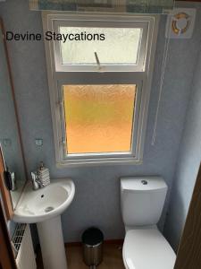 霍伊克Devine Staycations at 38 Riverside的一间带卫生间、水槽和窗户的浴室