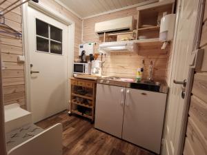 GjesværUtsikten的一间带水槽和微波炉的小厨房
