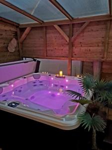 CoulogneA Fleur de Spa : Maison chaleureuse avec spa privatif et billard.的客房内的紫色浴缸配有蜡烛