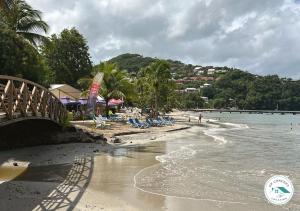 莱特鲁瓦西莱Studio situé à 30 mètres de la plage Anse à l'âne的海滩上设有桥梁、椅子和水