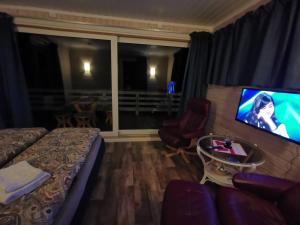 GjesværUtsikten的客房设有床、电视和沙发。