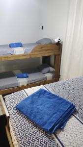 维多利亚Hostel da Floresta的带两张双层床和蓝色地毯的客房
