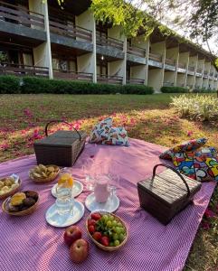 格拉瓦塔Flat aconchegante em Hotel Fazenda Monte Castelo的紫色毯子上带水果的野餐桌