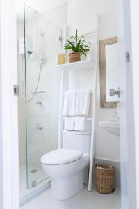 卢纳将军城Sea Green Boutique Rooms的白色的浴室设有卫生间和淋浴。