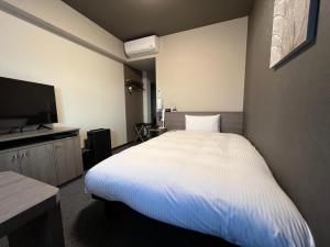 周南市Hotel Route Inn Shunan - Tokuyama Higashi Inter -的配有一张床和一台平面电视的酒店客房
