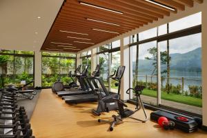 瓦亚纳德Taj Wayanad Resort & Spa, Kerala的健身房设有一排跑步机和椭圆机