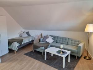舍讷费尔德Ferienwohnung am Springerhof的客厅配有沙发和1张床