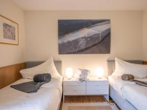 圣莫里茨切萨丹妮拉B公寓 - 阿妮塔的配有两张床铺的客房配有两盏灯和一幅画