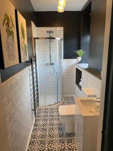 戈尔斯皮Frasers Apartment的带淋浴、卫生间和盥洗盆的浴室
