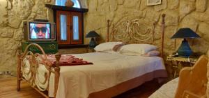 ‘Izbat an NāmūsTunis Lake View的一间卧室设有一张床,并在石墙内配有电视。