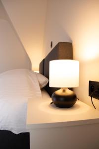 OostrozebekeHotel Swaenenburg的床头桌子上的一盏灯