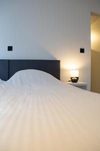 OostrozebekeHotel Swaenenburg的卧室内的一张白色大床,配有灯