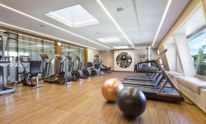日内瓦日内瓦贝尔格四季酒店的铺有木地板的健身房配有跑步机和健身器材