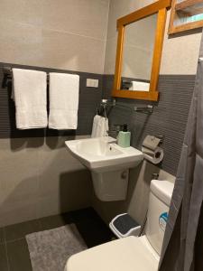 科隆快乐露营者旅舍的一间带水槽、卫生间和镜子的浴室