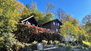 龙疆Romantic private superior Swiss Chalet with Hottub的前面有树 ⁇ 的房子