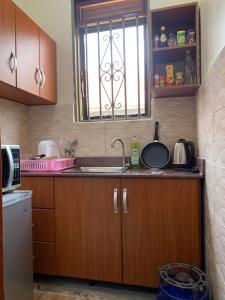 坎帕拉MiniPalais Bukoto的厨房配有木制橱柜、水槽和窗户。