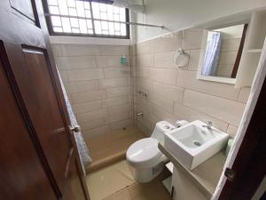 托尔图格罗Aracari Garden Hostel的一间带卫生间和水槽的小浴室