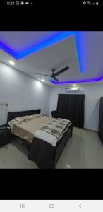 阿勒皮Rain Homestay的一间卧室设有一张床和蓝色的天花板