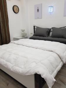 沙姆沙伊赫Flat 01 bed room. Sea Street. Hadaba Area.的卧室里一张大白色的床,墙上挂着一个钟