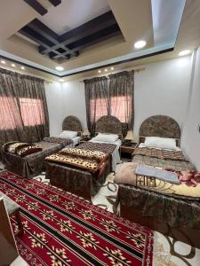 Al ḨayyBeida Bedouin House的带三张床和地毯的房间