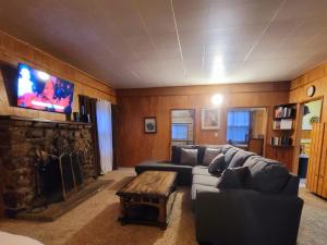 大贝尔城Green Cabin in Big Bear Lake 3 bdr Pets Friendly的客厅配有沙发和壁炉及电视