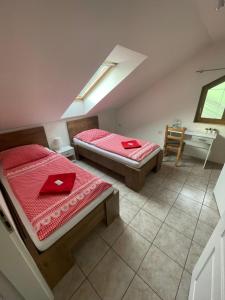莫斯特Penzion pod lesem的配有2张床的带水槽和书桌的客房