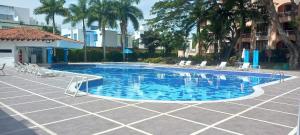 吉拉尔多特Hotel Peñon Suites的庭院内的游泳池,带椅子和树木