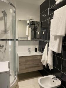 里耶卡Adria Sky的带淋浴水槽和卫生间的浴室