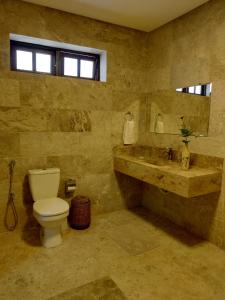 帕尔梅拉斯Pousada Caminhos da Chapada的一间带卫生间、水槽和窗户的浴室