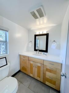 洛杉矶Pristine 1BD/1BA Bungalow + Hot Tub - Ocean Park的一间带卫生间、水槽和镜子的浴室
