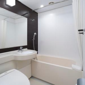 东京ART HOTEL Nippori Lungwood的一间带水槽、卫生间和镜子的浴室