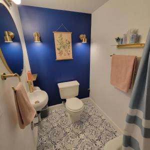 南本德Art and Lodging的蓝色的浴室设有卫生间和水槽