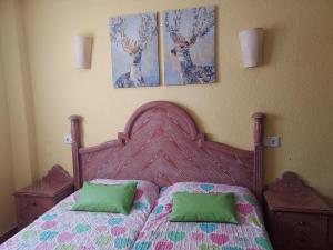 卡拉圣维森特Casa Beatriz的卧室配有一张床铺,墙上挂有两幅鹿画